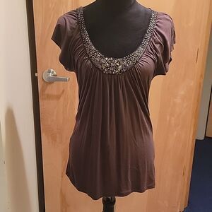 Velvet Women's Top in Brown with Embellished Neckline